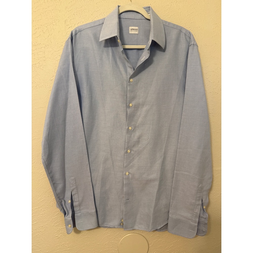 Armani Collezioni Mens Light Blue Textured Cotton Button‎ Down Shirt Size 16 L